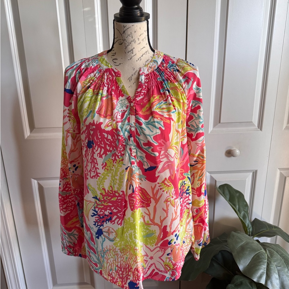 Charlie Paige Blouse,‎ Large, cruise, Colorful Tropical Resortwear, vacation